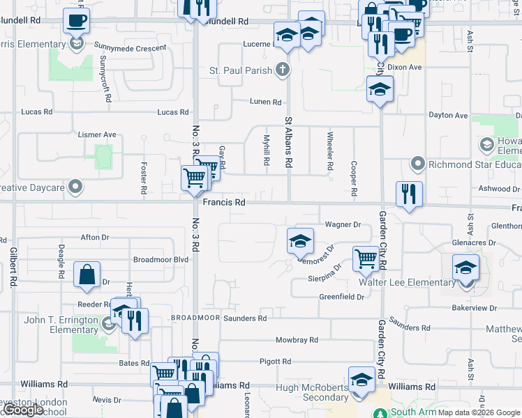 map of restaurants, bars, coffee shops, grocery stores, and more near 8280 Francis Road in Richmond