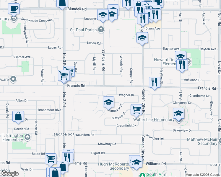 map of restaurants, bars, coffee shops, grocery stores, and more near 8480 Francis Road in Richmond