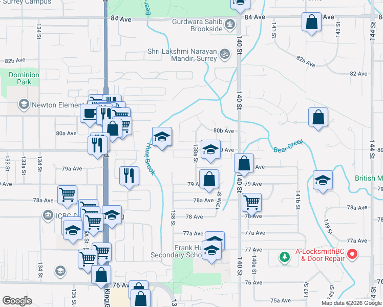 map of restaurants, bars, coffee shops, grocery stores, and more near 7991 138A Street in Surrey