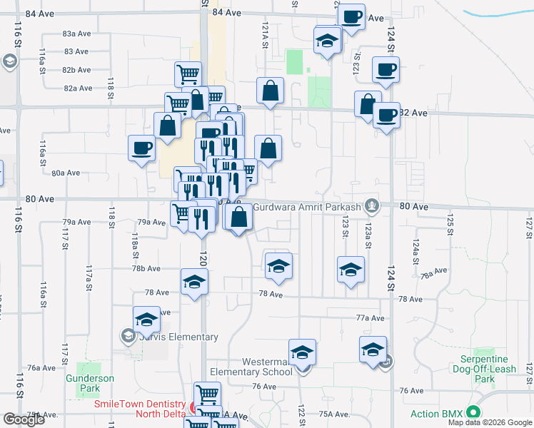 map of restaurants, bars, coffee shops, grocery stores, and more near 12130 80 Avenue in Surrey