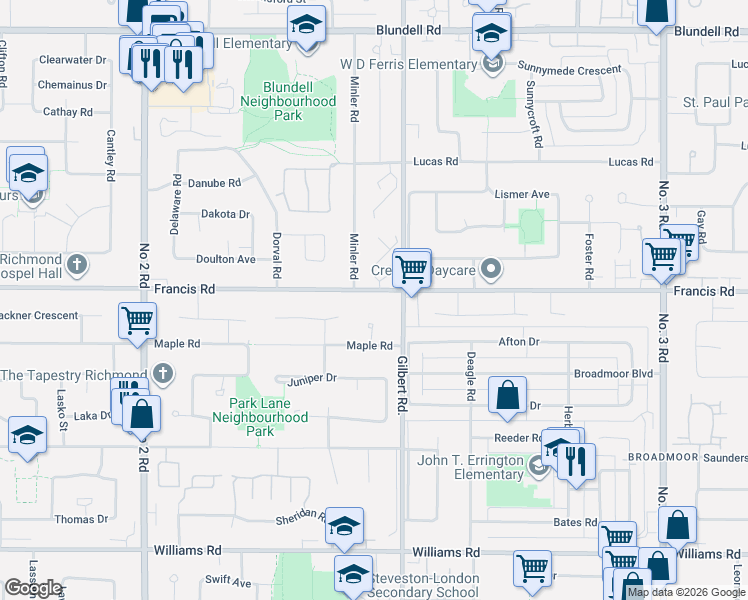map of restaurants, bars, coffee shops, grocery stores, and more near 6726 Francis Road in Richmond
