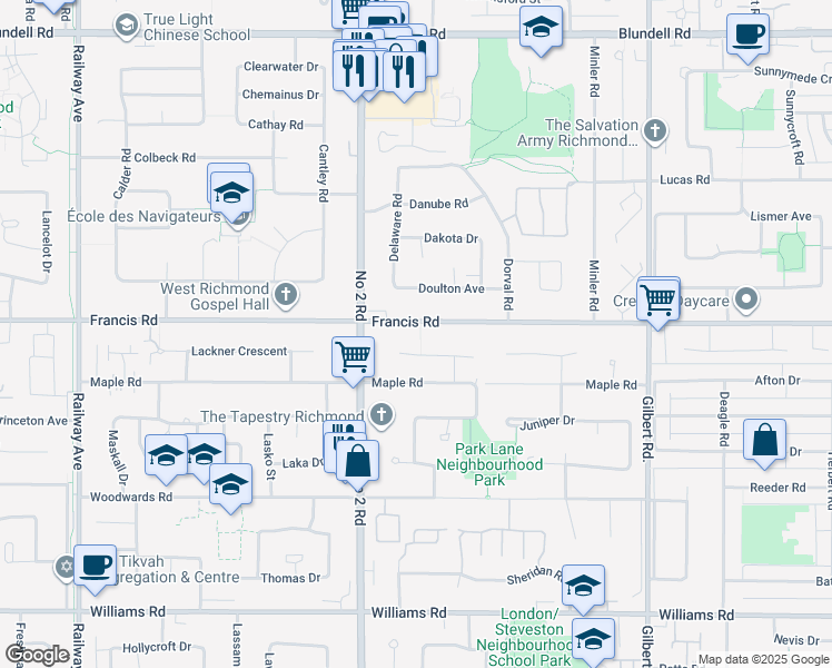map of restaurants, bars, coffee shops, grocery stores, and more near 6140 Francis Road in Richmond