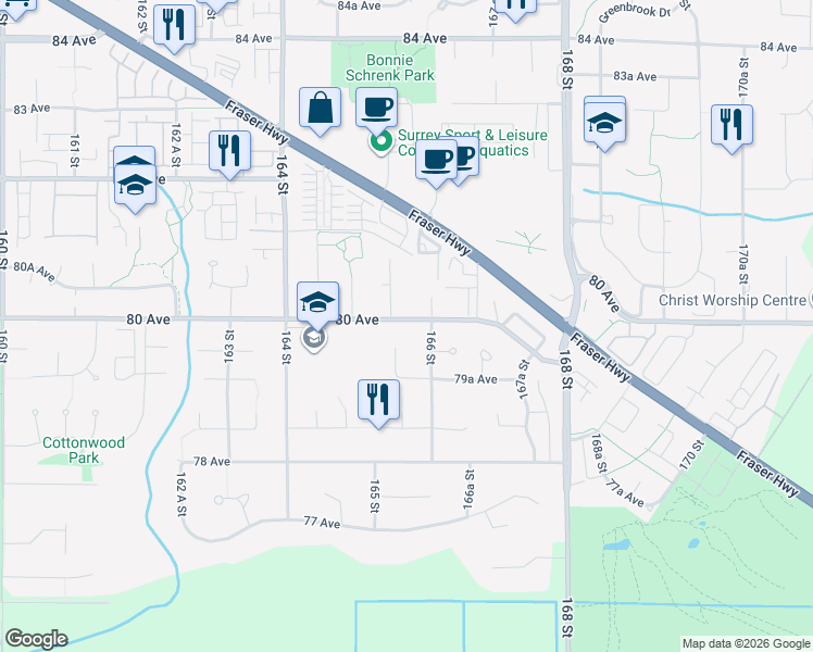 map of restaurants, bars, coffee shops, grocery stores, and more near 16566 80 Avenue in Surrey