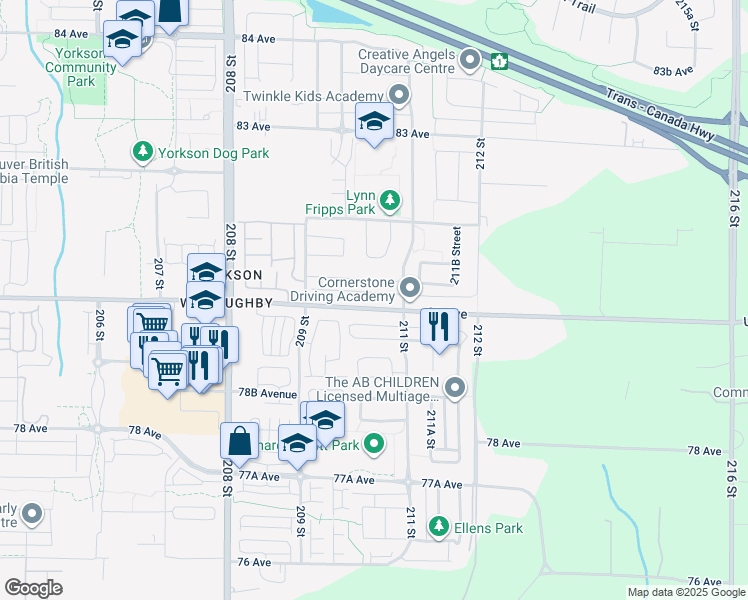 map of restaurants, bars, coffee shops, grocery stores, and more near 21019 80 Avenue in Langley