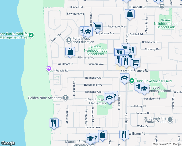 map of restaurants, bars, coffee shops, grocery stores, and more near 3560 Francis Road in Richmond