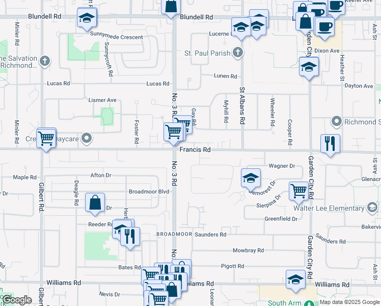 map of restaurants, bars, coffee shops, grocery stores, and more near 8080 Francis Road in Richmond