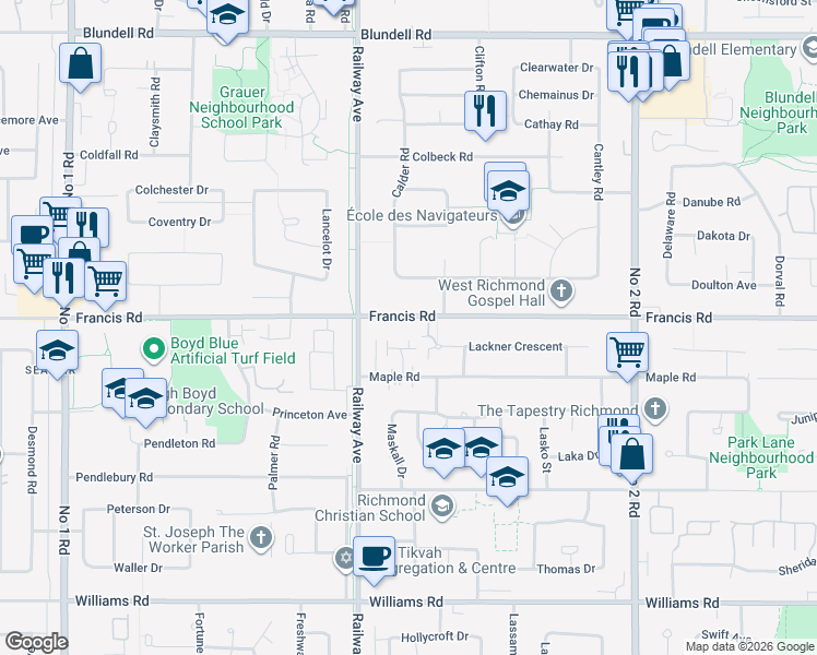 map of restaurants, bars, coffee shops, grocery stores, and more near 5140 Francis Road in Richmond