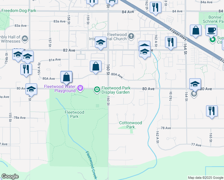 map of restaurants, bars, coffee shops, grocery stores, and more near in Surrey
