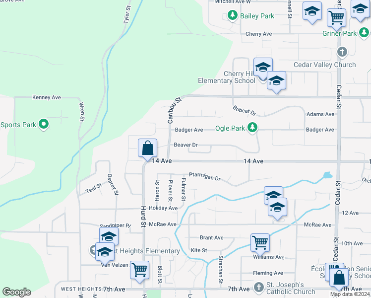 map of restaurants, bars, coffee shops, grocery stores, and more near 32332 Beaver Drive in Mission