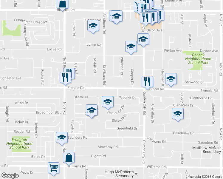 map of restaurants, bars, coffee shops, grocery stores, and more near 8480 Francis Road in Richmond