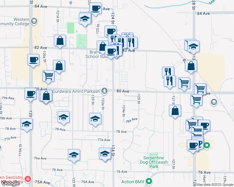 map of restaurants, bars, coffee shops, grocery stores, and more near 12420 80 Avenue in Surrey