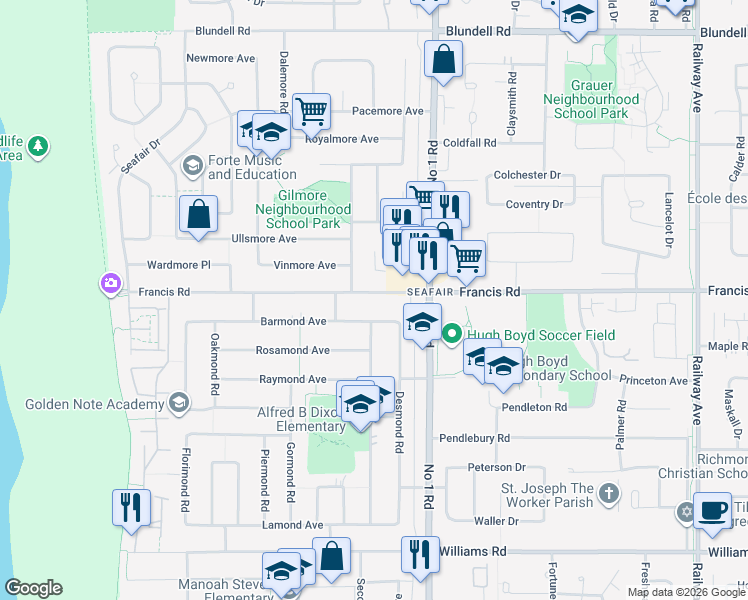 map of restaurants, bars, coffee shops, grocery stores, and more near 3820 Francis Road in Richmond
