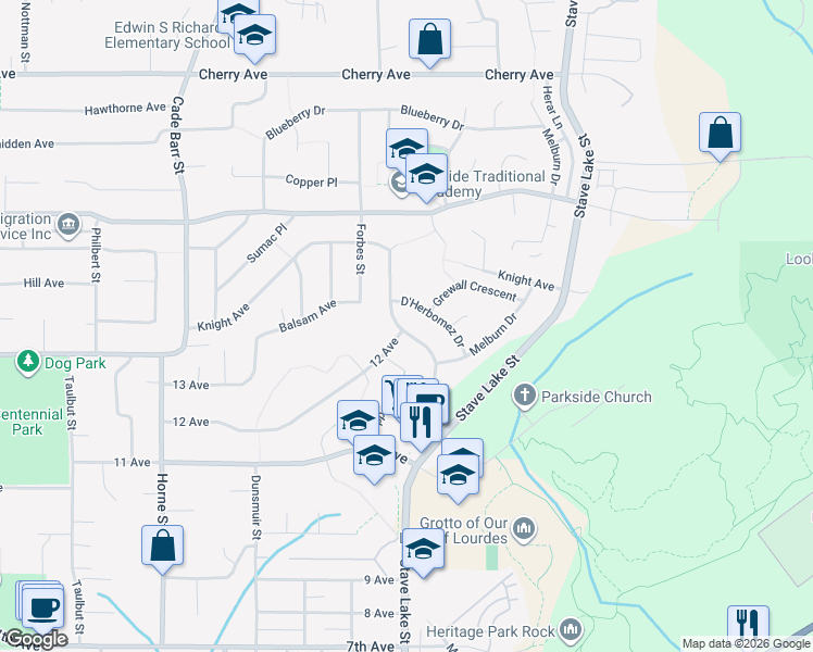 map of restaurants, bars, coffee shops, grocery stores, and more near 8052 Topper Drive in Mission