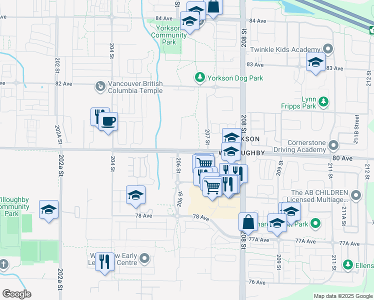 map of restaurants, bars, coffee shops, grocery stores, and more near 20647 80 Avenue in Langley City