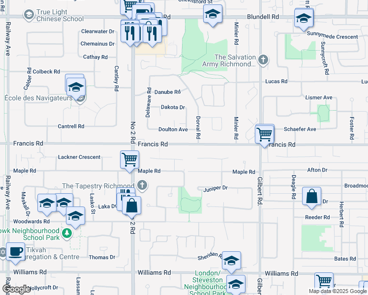 map of restaurants, bars, coffee shops, grocery stores, and more near 6320 Francis Road in Richmond