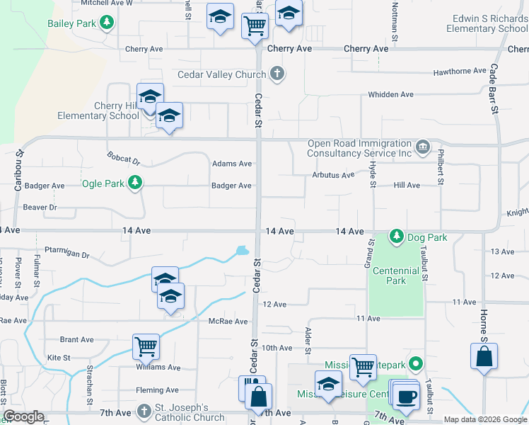 map of restaurants, bars, coffee shops, grocery stores, and more near 8042 Cedar Street in Mission