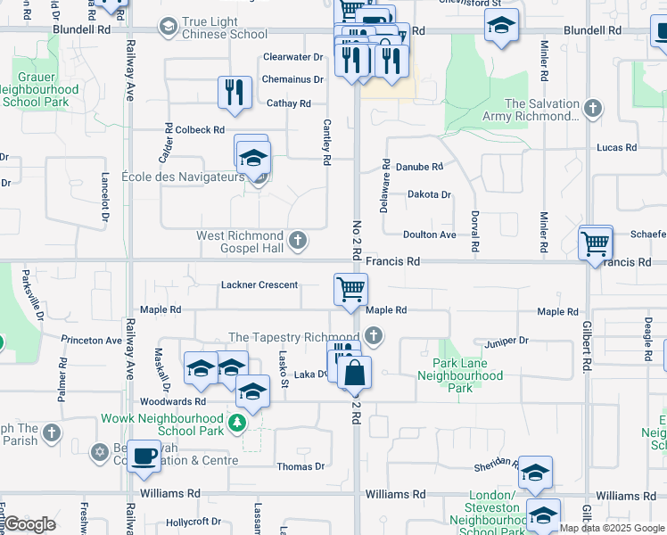 map of restaurants, bars, coffee shops, grocery stores, and more near 5820 Francis Road in Richmond