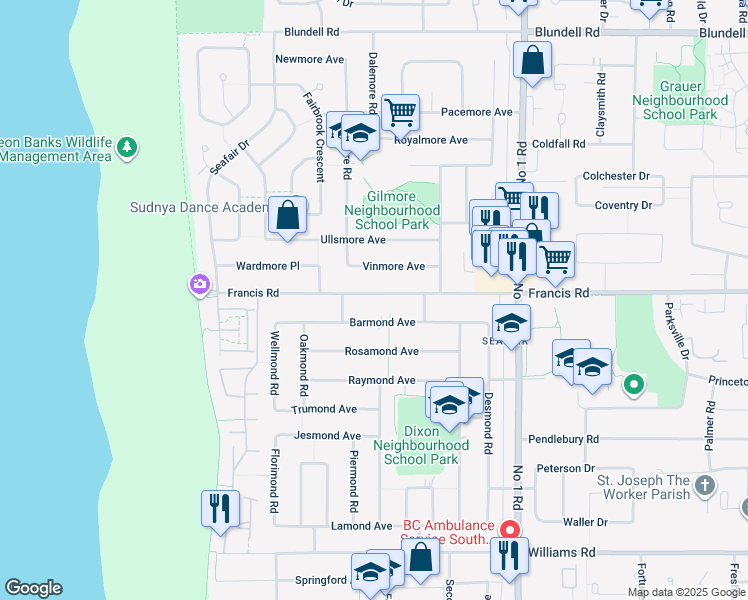 map of restaurants, bars, coffee shops, grocery stores, and more near 3560 Francis Road in Richmond