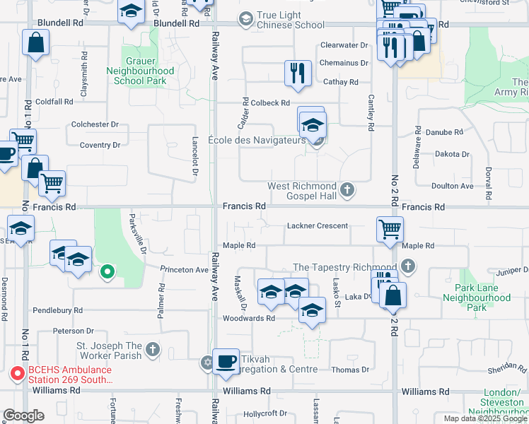 map of restaurants, bars, coffee shops, grocery stores, and more near 5311 Lackner Crescent in Richmond