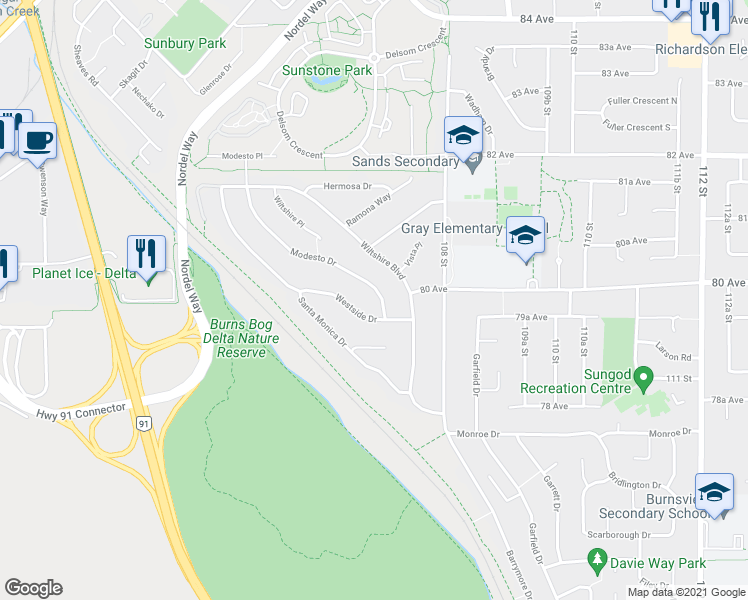 map of restaurants, bars, coffee shops, grocery stores, and more near 7985 Modesto Drive in Delta
