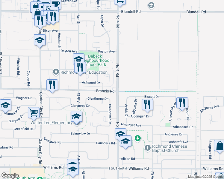 map of restaurants, bars, coffee shops, grocery stores, and more near 9893 Francis Road in Richmond