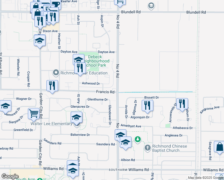 map of restaurants, bars, coffee shops, grocery stores, and more near 9893 Francis Road in Richmond