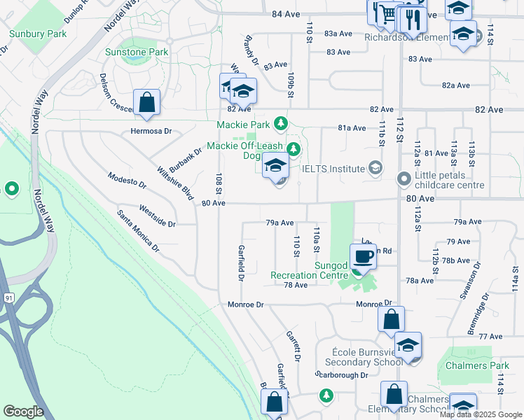 map of restaurants, bars, coffee shops, grocery stores, and more near 10906 80 Avenue in Delta