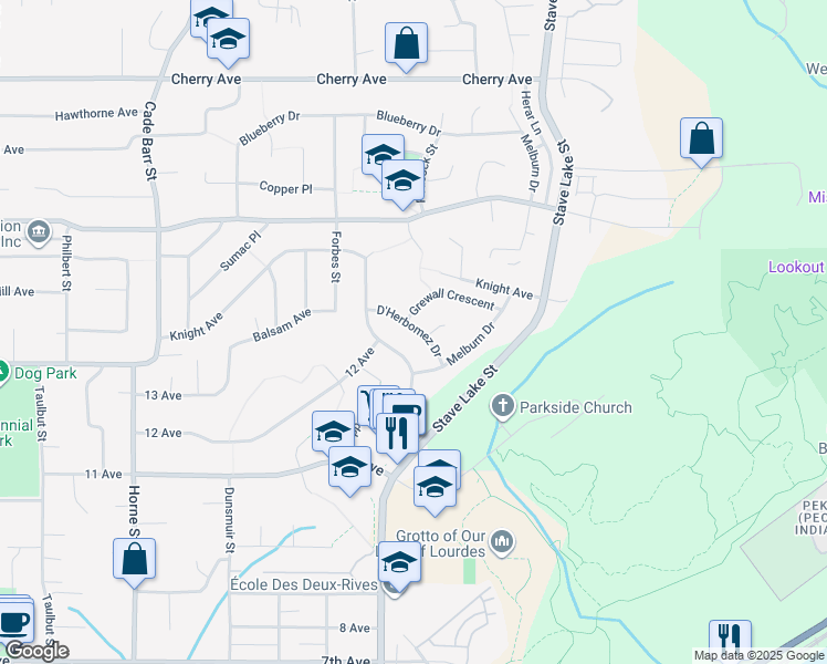 map of restaurants, bars, coffee shops, grocery stores, and more near 8025 D'Herbomez Drive in Mission