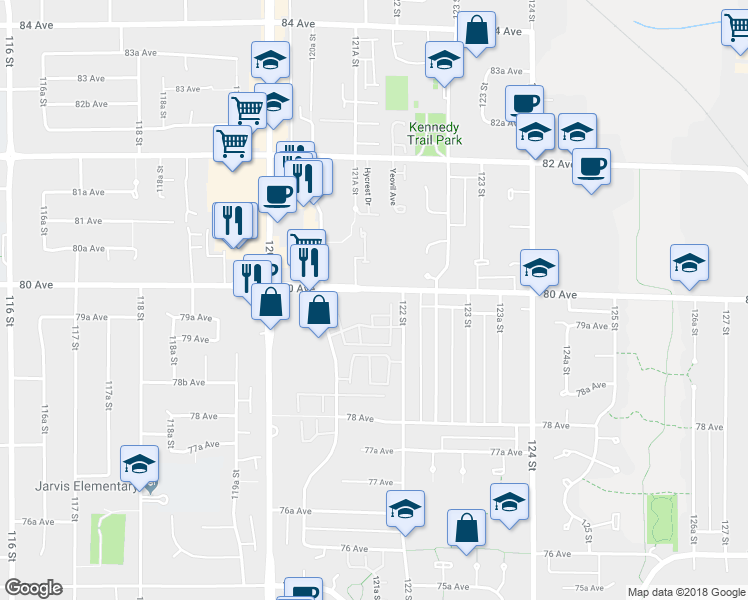 map of restaurants, bars, coffee shops, grocery stores, and more near 12160 80 Avenue in Surrey