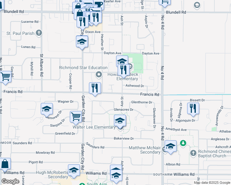map of restaurants, bars, coffee shops, grocery stores, and more near 9071 Ash Street in Richmond