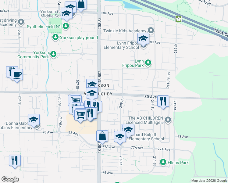 map of restaurants, bars, coffee shops, grocery stores, and more near 20875 80 Avenue in Langley Township