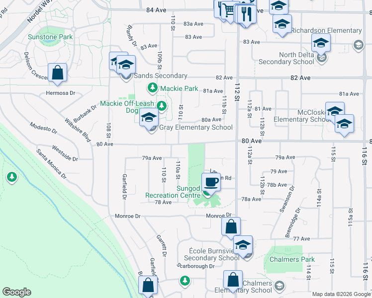 map of restaurants, bars, coffee shops, grocery stores, and more near 11046 80 Avenue in Delta