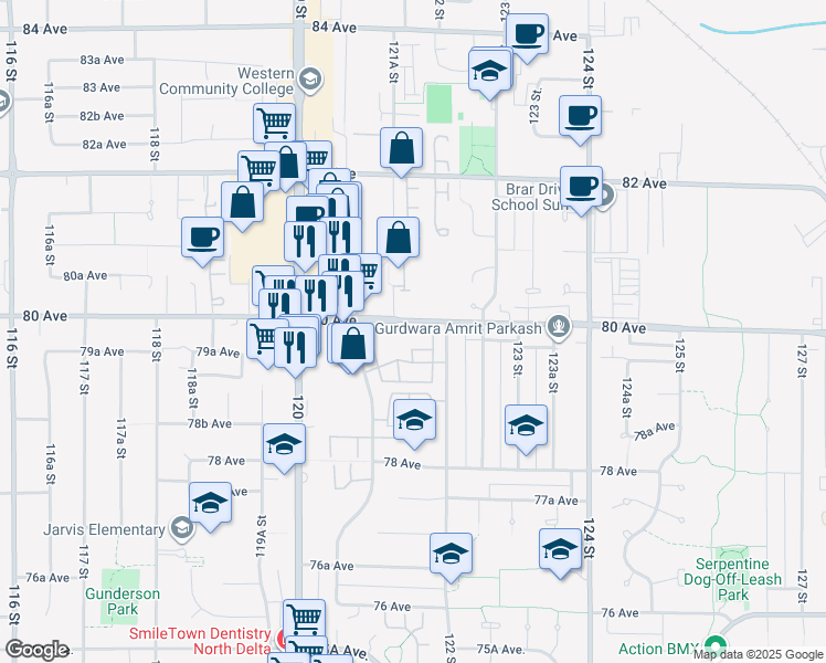 map of restaurants, bars, coffee shops, grocery stores, and more near 12160 80 Avenue in Surrey