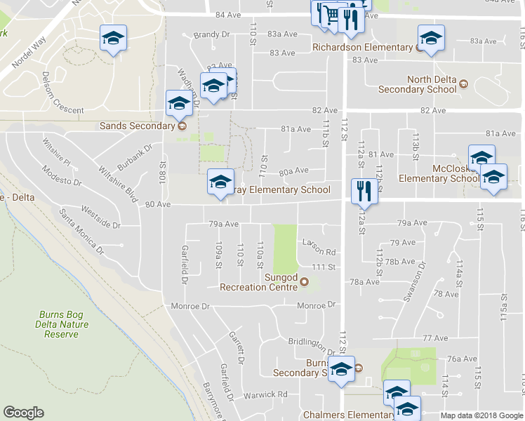 map of restaurants, bars, coffee shops, grocery stores, and more near 11026 80 Avenue in Delta