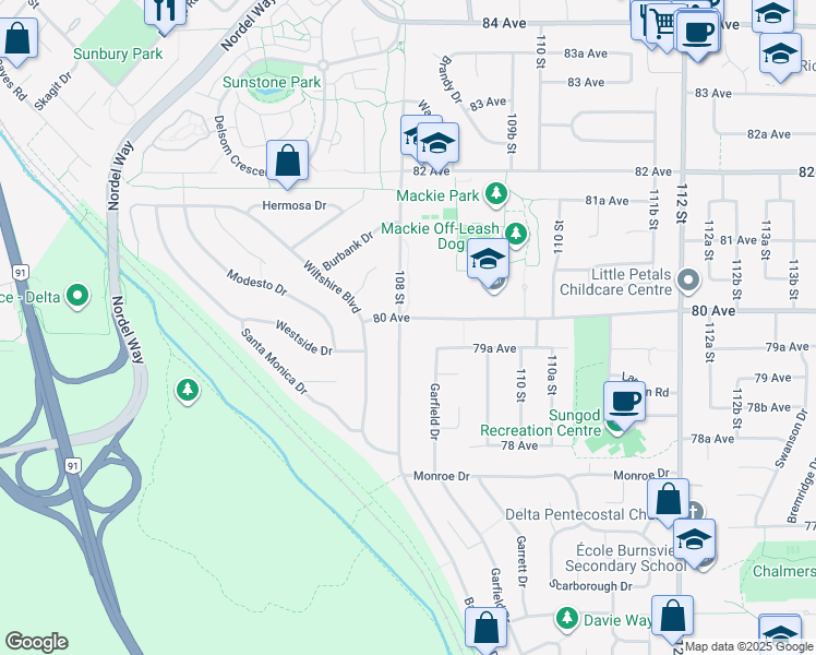 map of restaurants, bars, coffee shops, grocery stores, and more near 10816 80 Avenue in Delta