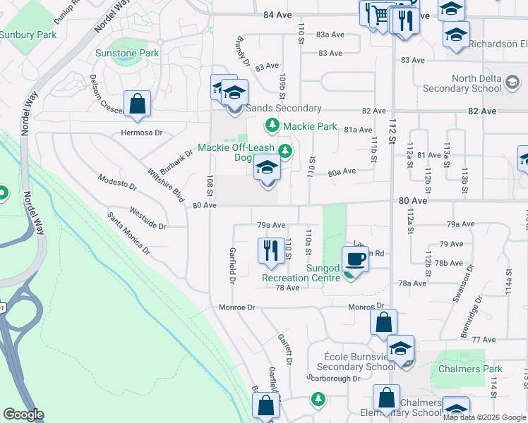 map of restaurants, bars, coffee shops, grocery stores, and more near 10926 80 Avenue in Delta