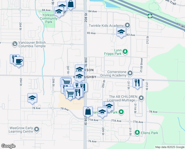 map of restaurants, bars, coffee shops, grocery stores, and more near 20875 80 Avenue in Langley Township