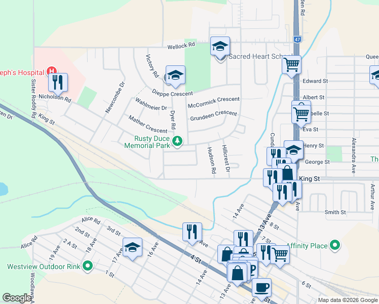 map of restaurants, bars, coffee shops, grocery stores, and more near 1416 Nicholson Road in Estevan