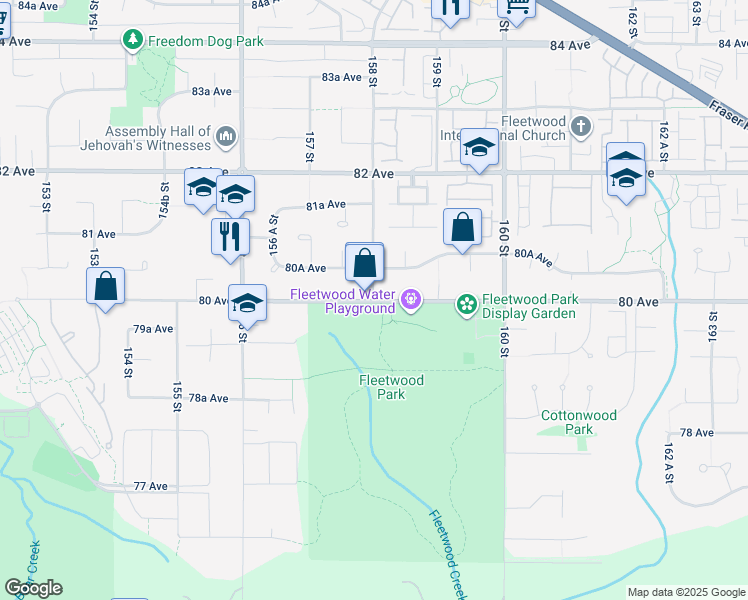 map of restaurants, bars, coffee shops, grocery stores, and more near 8007 158 Street in Surrey