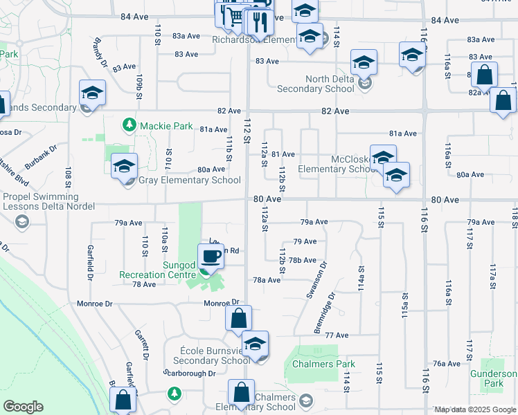 map of restaurants, bars, coffee shops, grocery stores, and more near 7995 112A Street in Delta
