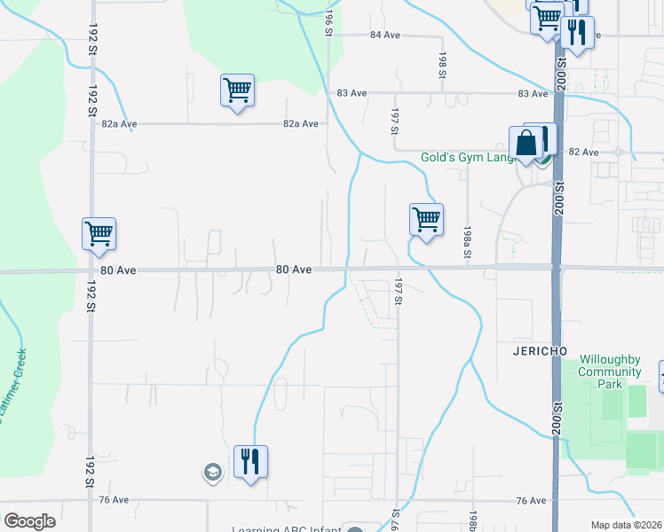 map of restaurants, bars, coffee shops, grocery stores, and more near 19607 80 Avenue in Langley