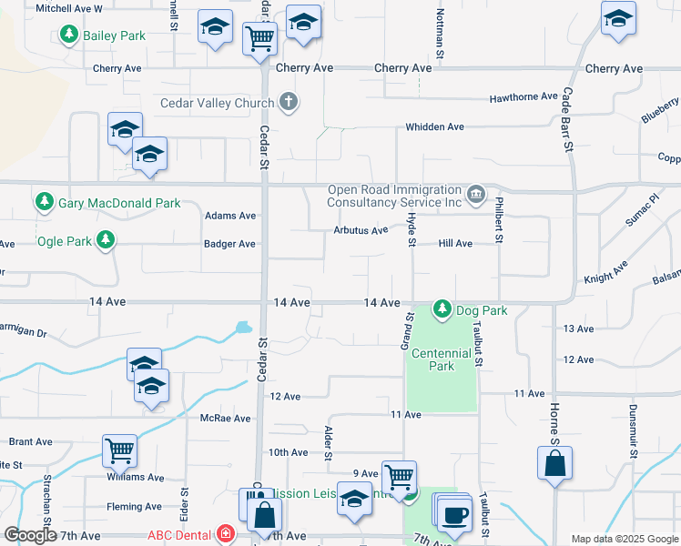 map of restaurants, bars, coffee shops, grocery stores, and more near 32921 14 Avenue in Mission