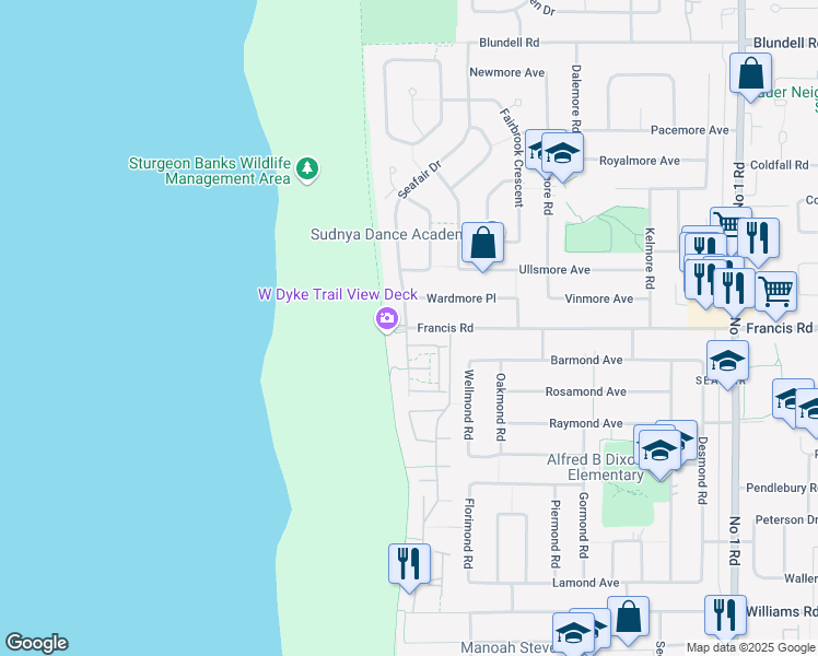 map of restaurants, bars, coffee shops, grocery stores, and more near 3088 Francis Road in Richmond