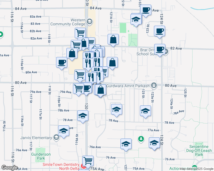 map of restaurants, bars, coffee shops, grocery stores, and more near 12110 80 Avenue in Surrey
