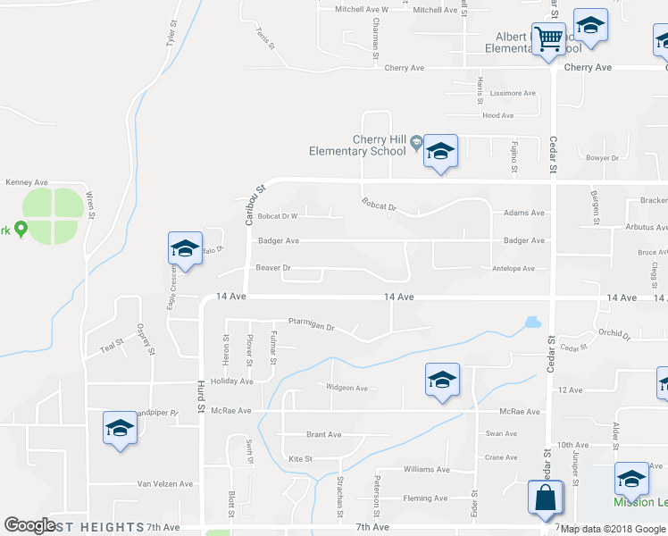 map of restaurants, bars, coffee shops, grocery stores, and more near Beaver Drive in Mission
