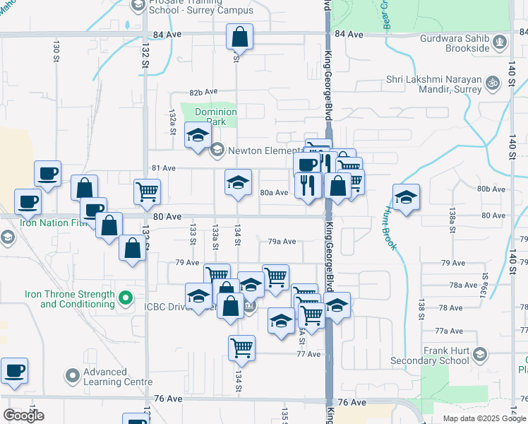 map of restaurants, bars, coffee shops, grocery stores, and more near 13459 80 Avenue in Surrey
