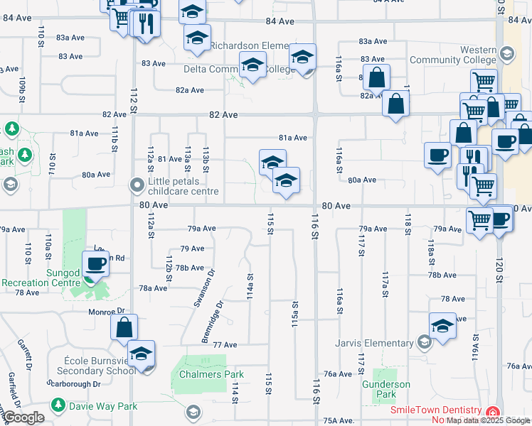 map of restaurants, bars, coffee shops, grocery stores, and more near 7981 115 Street in Delta