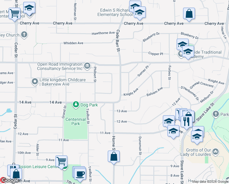 map of restaurants, bars, coffee shops, grocery stores, and more near 8054 Brown Crescent in Mission