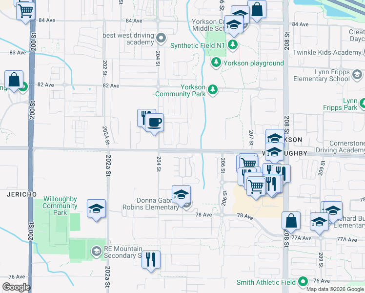 map of restaurants, bars, coffee shops, grocery stores, and more near in Langley Township