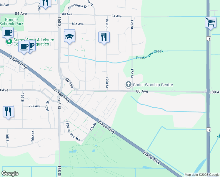 map of restaurants, bars, coffee shops, grocery stores, and more near 17079 80 Avenue in Surrey